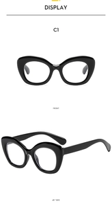 Front and 45-degree side views of black cat-eye eyeglass frames with sleek profile