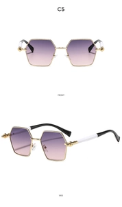 Detailed front and side views of gold polygonal sunglasses with purple gradient lenses