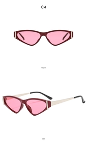 Detailed front and side views of red cat-eye sunglasses with translucent pink lenses