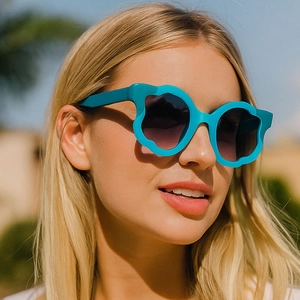 Fashionable oversized wavy cat-eye sunglasses with blue frames and purple gradient lenses