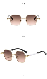 Detailed front and side views of gold polygonal sunglasses with gradient brown lenses