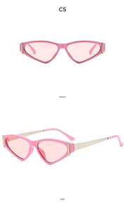 Detail view of pink cat-eye sunglasses with gold metal temples in front and side angles