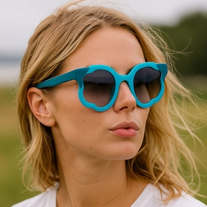 Women's fashion oversized cat-eye sunglasses with green wavy irregular thick frames