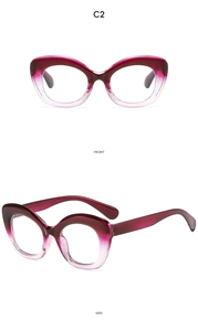 Front and side view of cat-eye glasses frame in burgundy to clear pink gradient