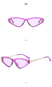 Front and side view of cat eye sunglasses with purple translucent frames and metal temples