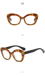 Detailed front and side view of cat-eye tortoiseshell frames with black temple tips