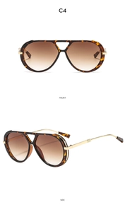 Detail view of tortoiseshell aviator sunglasses with gold metal temples and brown lenses