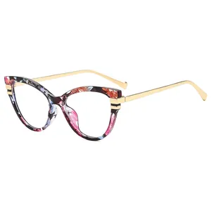 Cat eye anti-blue light glasses with floral pattern frames and gold metal temples