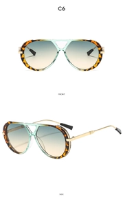 Front and side views of double-bridge pilot sunglasses with tortoiseshell and green frames