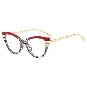 Cat eye glasses frame with red and marble pattern and slim golden metal temples