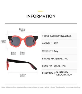 Detailed specs of oversized wave-framed sunglasses with PC lenses and dimensions