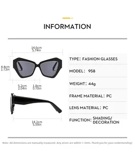 Specifiche dettagliate delle dimensioni per occhiali da sole cat-eye con montatura in PC