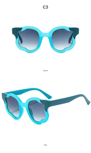 Front and side view of creative wave-edged blue frame sunglasses with gradient grey lenses