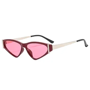 Cat eye triangle sunglasses with wine red frame, pink lenses and gold metal temples