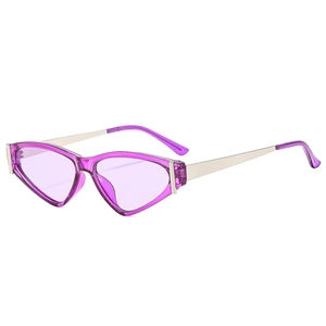 Fashionable triangular cat-eye sunglasses with purple transparent frames and silver metal arms