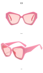 Viste frontali e laterali di occhiali da sole geometrici rosa stile cat-eye