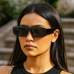 Women's irregular thick frame two-tone sunglasses with bold layered design and dark lenses