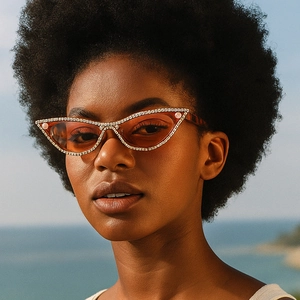 Lunettes de soleil œil de chat à strass avec verres orange portées par un mannequin