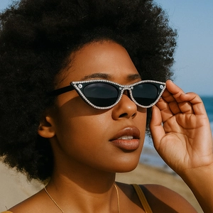 Lunettes de soleil œil de chat avec strass argentés portées par un mannequin à la plage