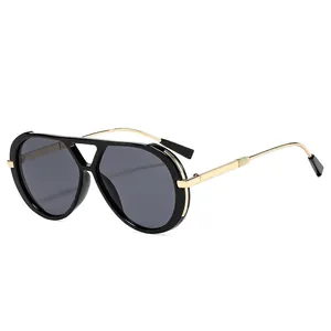 Retro double-bridge pilot sunglasses with black frame and gold metal temples