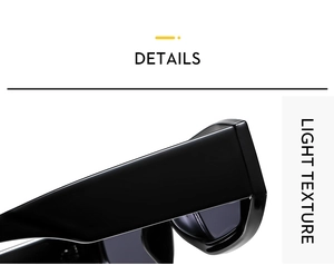 Detail view of glossy black square sunglasses frame hinge and lightweight texture