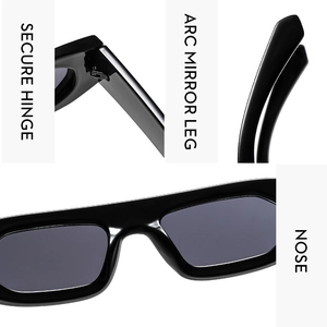 Detail view of reinforced hinges, curved temples and integrated nose pads for sunglasses