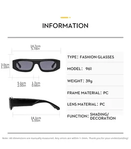 Detailed size chart for rectangular PC fashion sunglasses showing frame dimensions