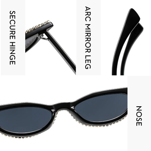 Détails des lunettes de soleil œil de chat montrant des charnières et des strass étincelants