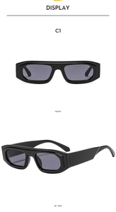 Detailed front and 45-degree side view of vintage black thick-frame square sunglasses