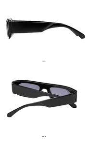 Detailed side and back view of black square sunglasses with thick temples and dark lenses