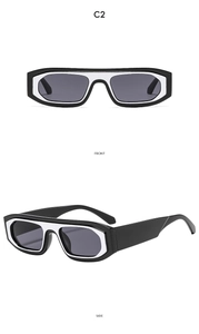 Front and side view of two-tone square sunglasses with irregular black and white frame
