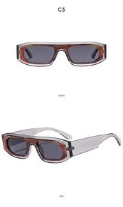 Front and side views of two-tone rectangular sunglasses with tortoise shell frame accents