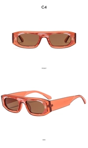 Front and side views of orange translucent rectangular sunglasses with dark lenses
