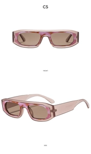 Front and side views of pink marble rectangular sunglasses with stylish brown lenses