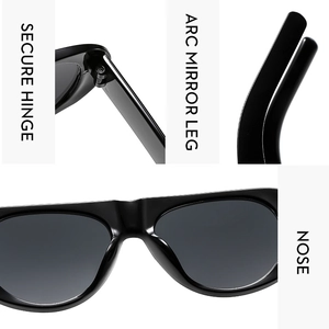 Detail view of reinforced hinge, ergonomic temples and integrated nose pads of sunglasses