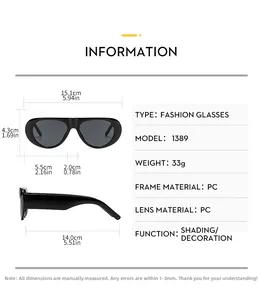 Size chart showing dimensions for fashion oval sunglasses with PC frame and lenses