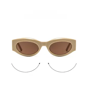 Detail view of khaki cat-eye sunglasses with brown lenses and smooth ergonomic frame