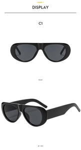 Detailed front and side view of oval black sunglasses with thick frames and dark grey lenses