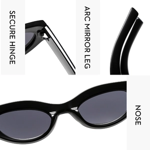 Detail view of cat eye sunglasses showing secure hinge, arc mirror leg and nose pads