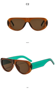 Front and side views of stylish oval tortoiseshell sunglasses with green temples