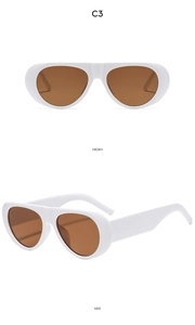Front and side views of oval white frame sunglasses with brown lenses, model C3