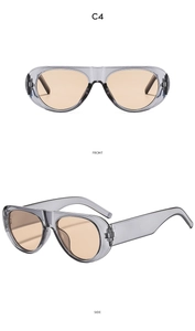 Front and side view of grey transparent oval sunglasses with orange lenses and metal hinges