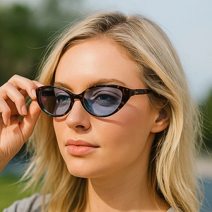 Retro cat-eye tortoiseshell sunglasses with light blue lenses and metal hinge details