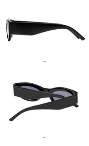Detailed side and back view of retro black cat-eye sunglasses with thick plastic frame