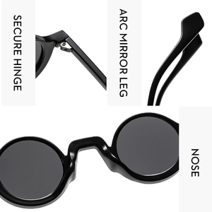 Details zu Scharnier, Bügel und Nasenpads der schwarzen runden Retro-Sonnenbrille