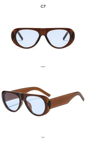 Detailed front and side views of amber tortoiseshell sunglasses with light blue lenses