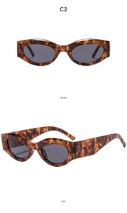 Front and side macro views of tortoise shell cat eye sunglasses frames with oval lenses