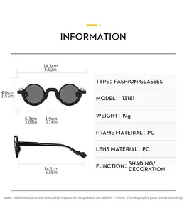 Detaillierte Maße der Vintage-Oval-Sonnenbrille mit 14,3 cm Gesamtbreite und 19 g