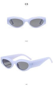 Detail view of lavender matte cat-eye sunglasses with dark grey lenses in front and side views