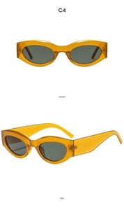 Front and side views of small cat eye amber sunglasses with dark gray lenses
